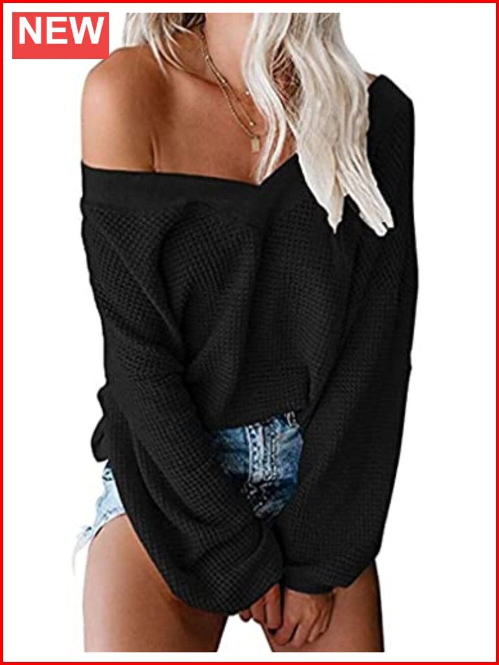 Waffle Knit Off Shoulder V Neck Long Sleeve Pullover Sweater